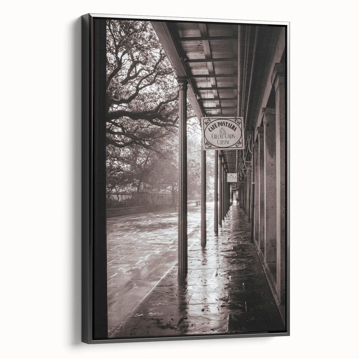 Black and white vintage poster art of a New Orleans landscape on framed canvas, ideal for bedroom wall decor.