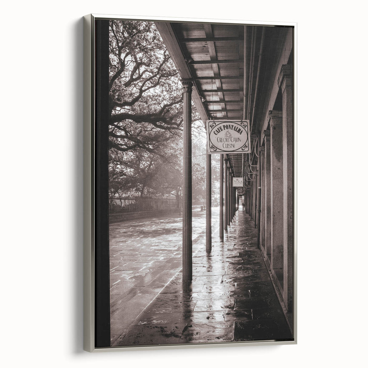Framed canvas of a vintage-style New Orleans landscape painting featuring vibrant colors, ideal for living room decor.