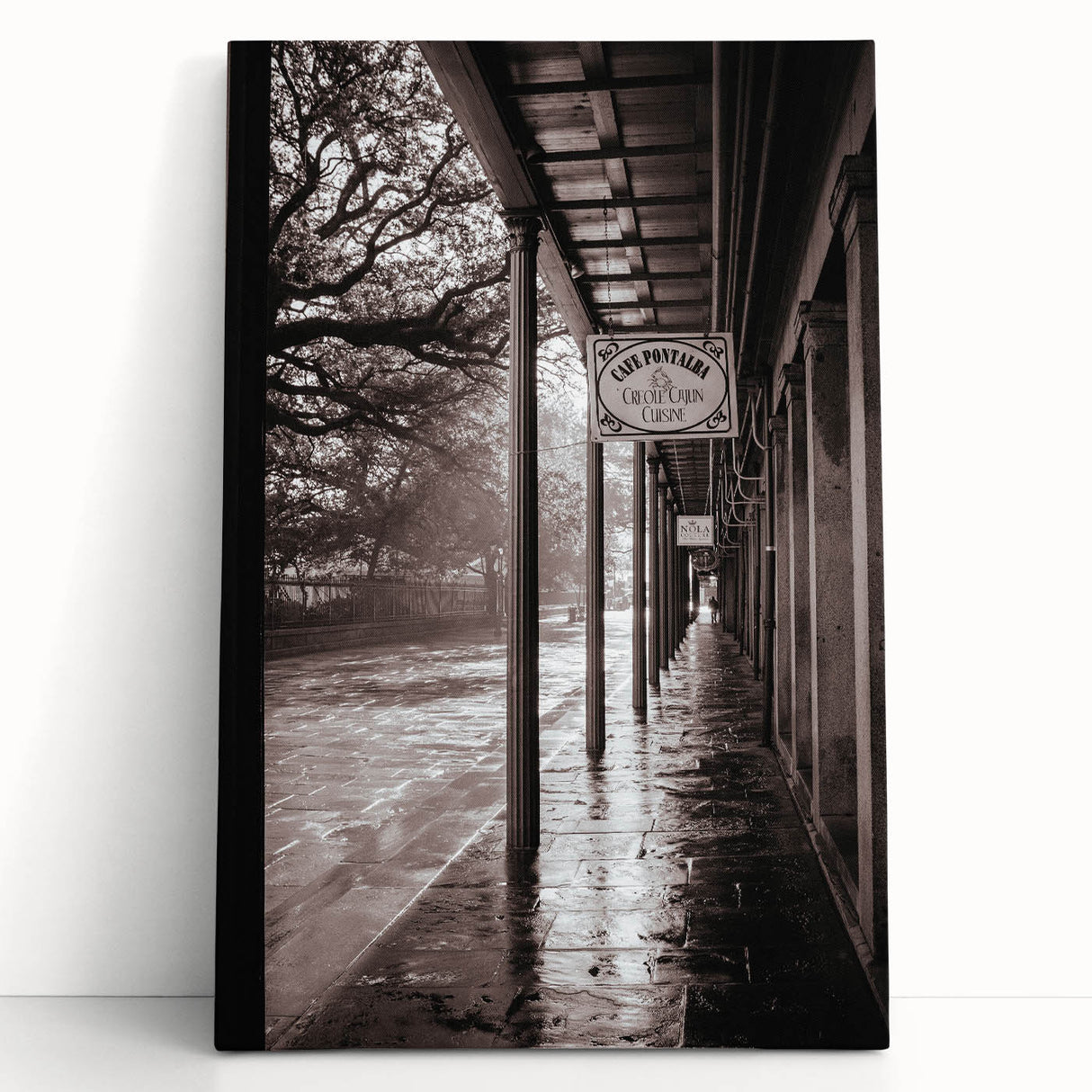 Black and white photo of New Orleans street on stretched canvas, ideal for kitchen wall art.