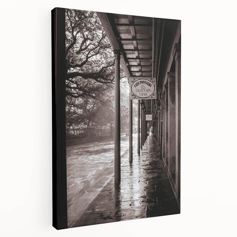 Side view of a stretched canvas depicting a vibrant New Orleans street scene, ideal for kitchen wall art.