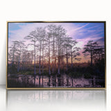 Large art print of a Louisiana landscape in mid-century modernist style, featuring muted earth tones on framed acrylic.