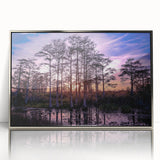 Mid-century modernist art depicting a Louisiana landscape in muted earth tones on a framed acrylic print.