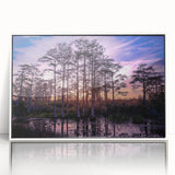 Art Deco-style poster of Louisiana scenery on white framed acrylic, featuring pastel color palette.