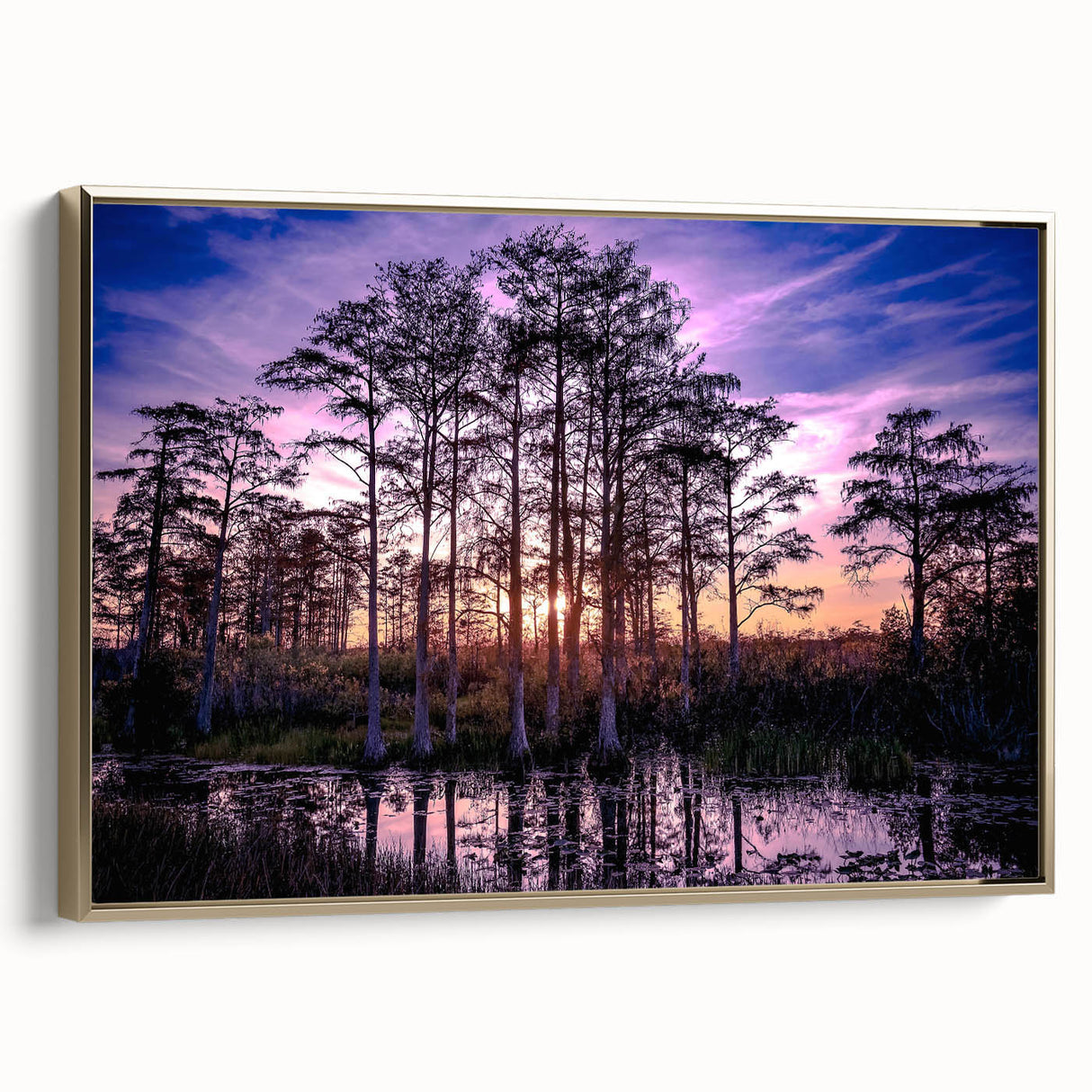 Framed canvas of a Louisiana landscape in gold and black tones, ideal for bedroom wall art.