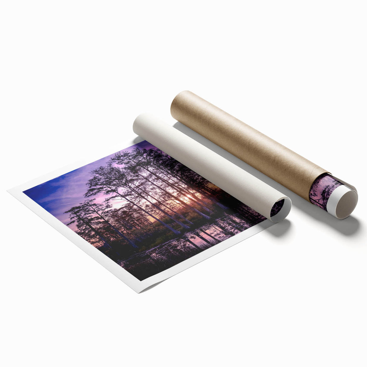 Rolled print featuring a Louisiana swamp scene with muted green and brown tones, suitable for large living room wall art.