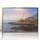 Acadia National Park scenery in gold-framed acrylic, featuring mid-century modernist style.