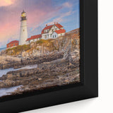 Close-up of textured black wall art featuring a colorful Acadia, Maine, scenery on a framed canvas.