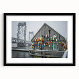 Extra large textured abstract art print of colorful Maine scenery in a black frame, ideal for living room decor.