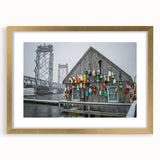 Extra large abstract art print of Maine scenery in textured style with gold frame, suited for living room decor.