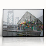 Large abstract wall art depicting a serene Maine landscape in muted blues and greens on a framed acrylic.