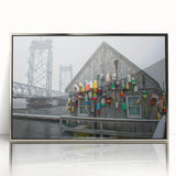 Mid-century modernist art depicting a serene Maine landscape in muted earth tones on a framed acrylic print.