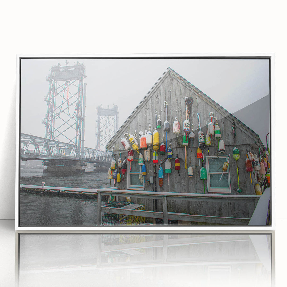 Acrylic print of a serene Maine landscape in soft pastel shades, framed in white, suitable for modern nursery decor.