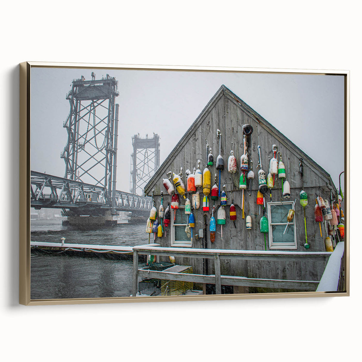 Framed canvas depicting a vintage-style landscape of Maine with muted greens and golds, ideal for bedroom wall decor.