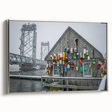 Framed canvas featuring a vintage-style landscape painting of Maine with a dominant black border and colorful accents.