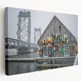 Scenic Maine coastline depicted in muted blue and gray tones on a stretched canvas, ideal for kitchen wall art.