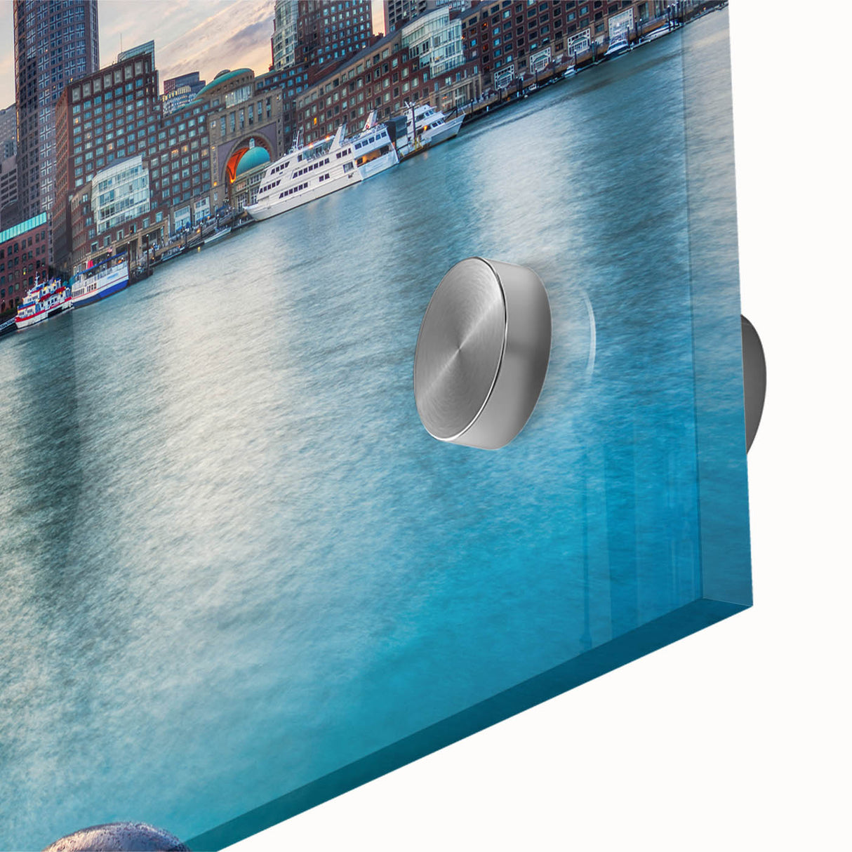 Large abstract depiction of Boston skyline in muted earth tones on acrylic glass, suitable as dining room art.