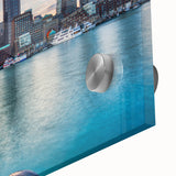 Large abstract depiction of Boston skyline in muted earth tones on acrylic glass, suitable as dining room art.