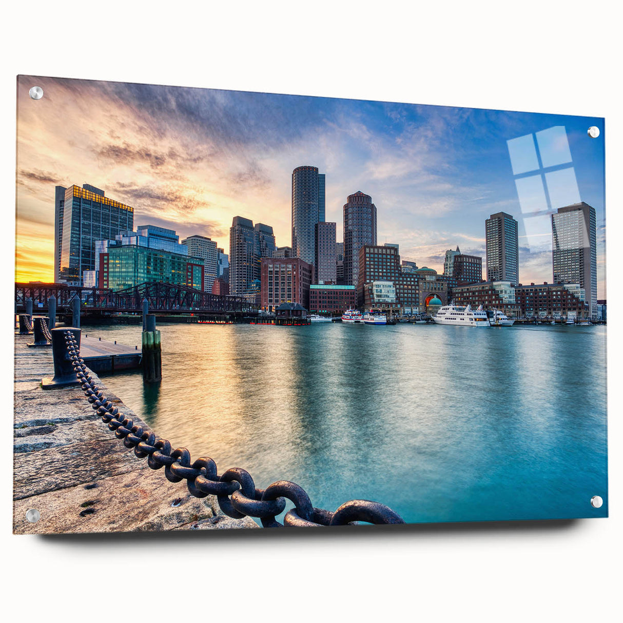 Acrylic print of Boston skyline in muted blue and gray tones, suitable for bedroom or dining room decor.