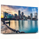 Acrylic print of Boston skyline in muted blue and gray tones, suitable for bedroom or dining room decor.
