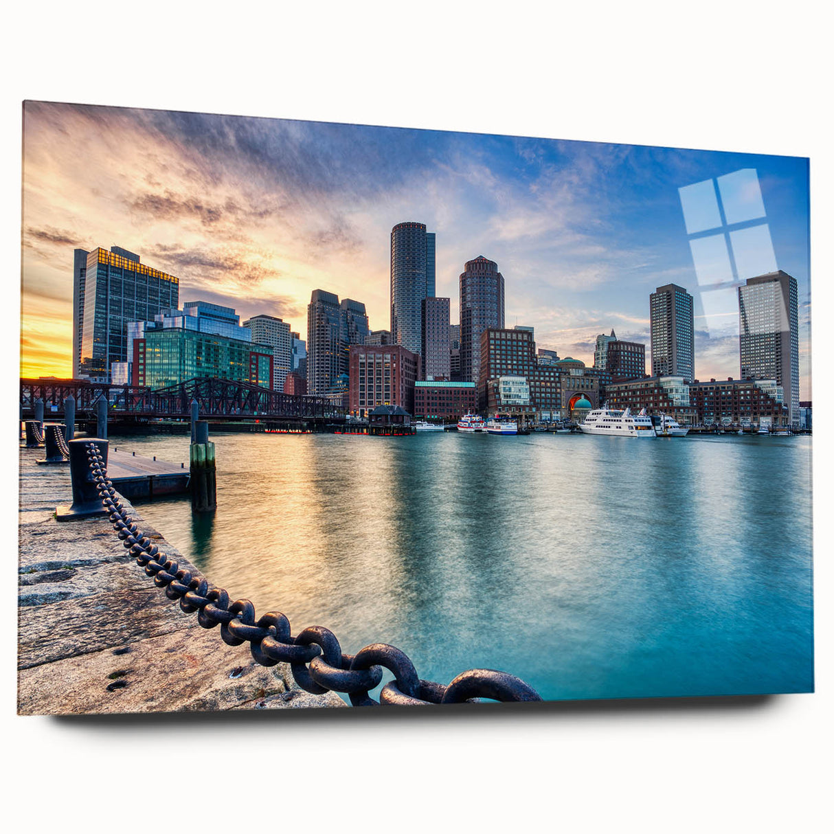 Acrylic print of Boston skyline in muted blues and grays, suitable for bedroom or dining room decor.