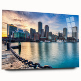 Acrylic print of Boston skyline in muted blues and grays, suitable for bedroom or dining room decor.