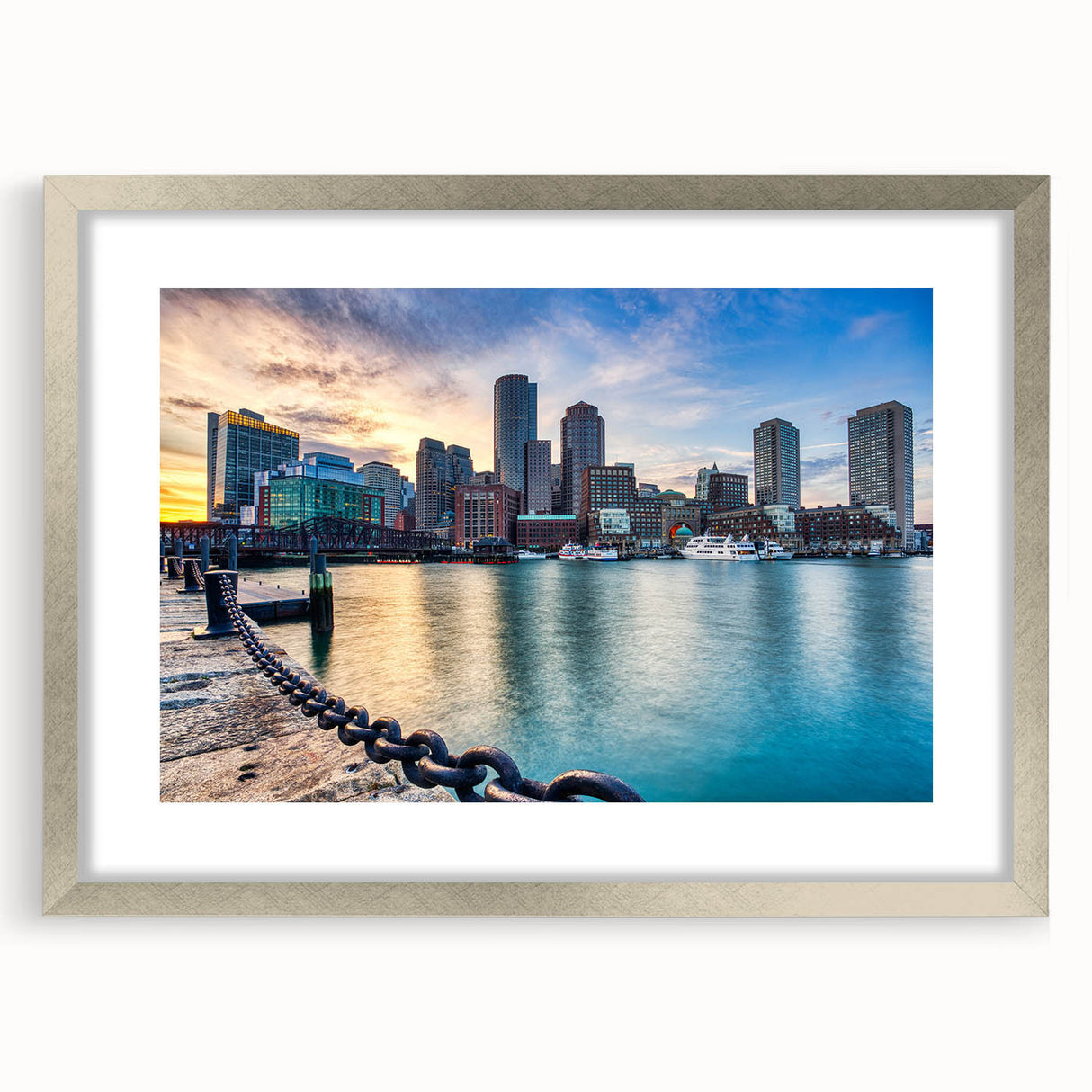 Textured art print of abstract Boston skyline in muted blues and grays on a framed canvas, fitting for bedroom decor.