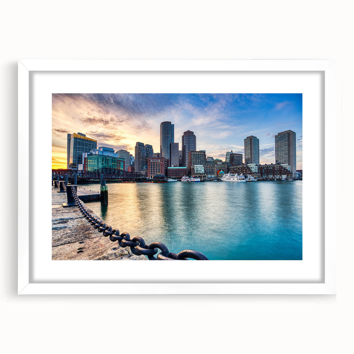 Abstract art print of Boston skyline in muted blue tones on a framed white mat, ideal for dining room decor.