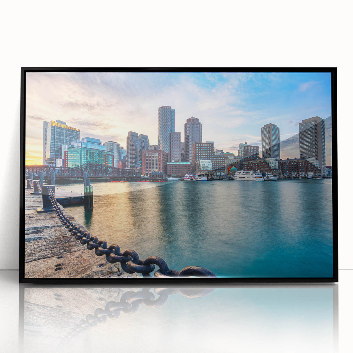 Large abstract wall art of Boston skyline in black and white, framed acrylic, ideal for modern art wall decor.