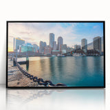 Large abstract wall art of Boston skyline in black and white, framed acrylic, ideal for modern art wall decor.