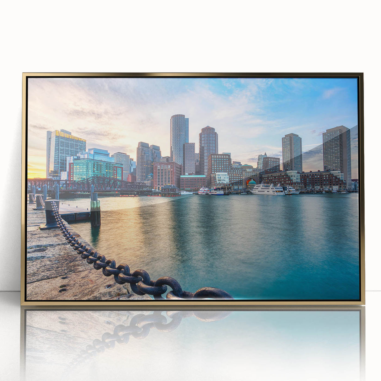 Acrylic print of Boston skyline in gold hues, framed, mid-century modernist style, suitable for modern art wall decor.