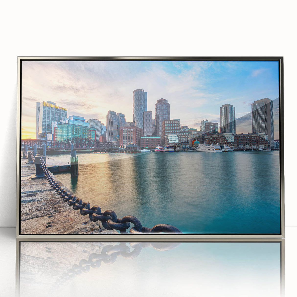 Mid-century modernist art of Boston skyline in muted blue tones on a framed acrylic, ideal for modern art wall decor.