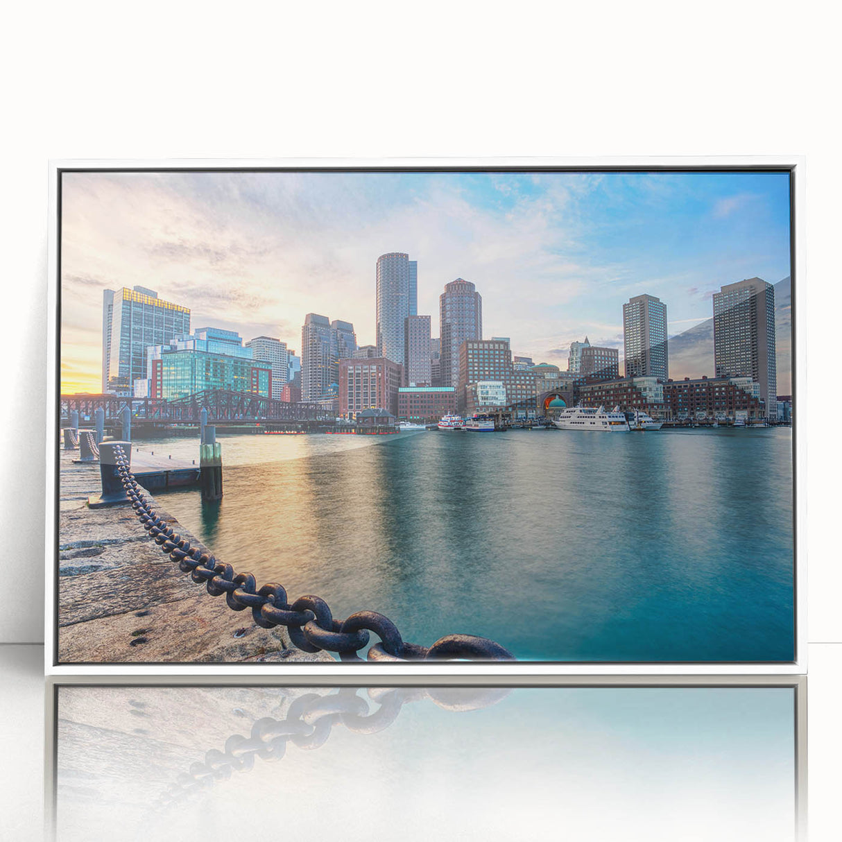Art deco style Boston skyline depicted in muted blue and gray tones on a framed acrylic, suitable for modern nursery decor.