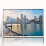Art deco style Boston skyline depicted in muted blue and gray tones on a framed acrylic, suitable for modern nursery decor.