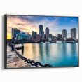Black and white framed canvas of Boston landscape, ideal for bedroom wall art in vintage poster style.