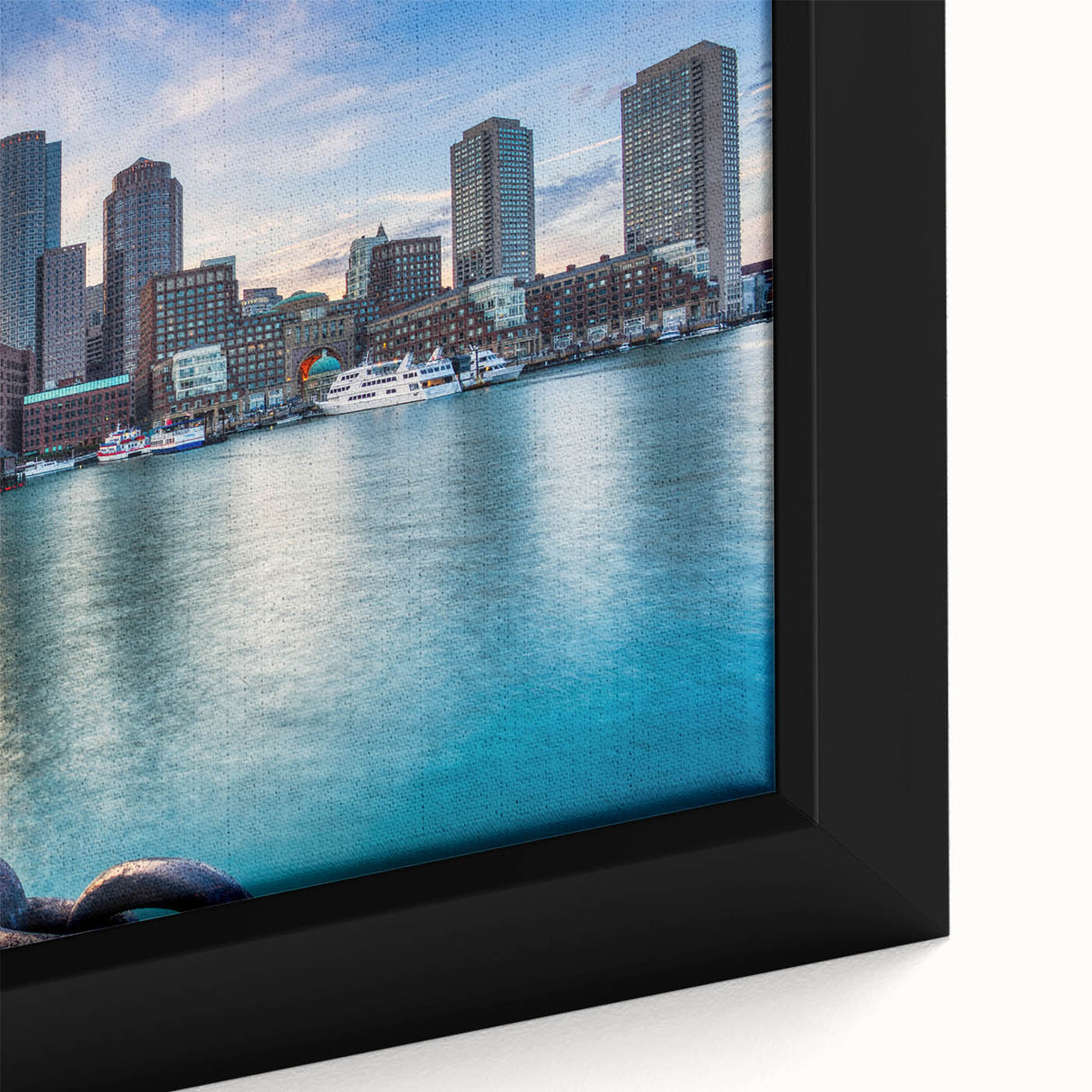 Framed canvas featuring a textured depiction of the Boston skyline in black with colorful accents.