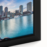 Framed canvas featuring a textured depiction of the Boston skyline in black with colorful accents.