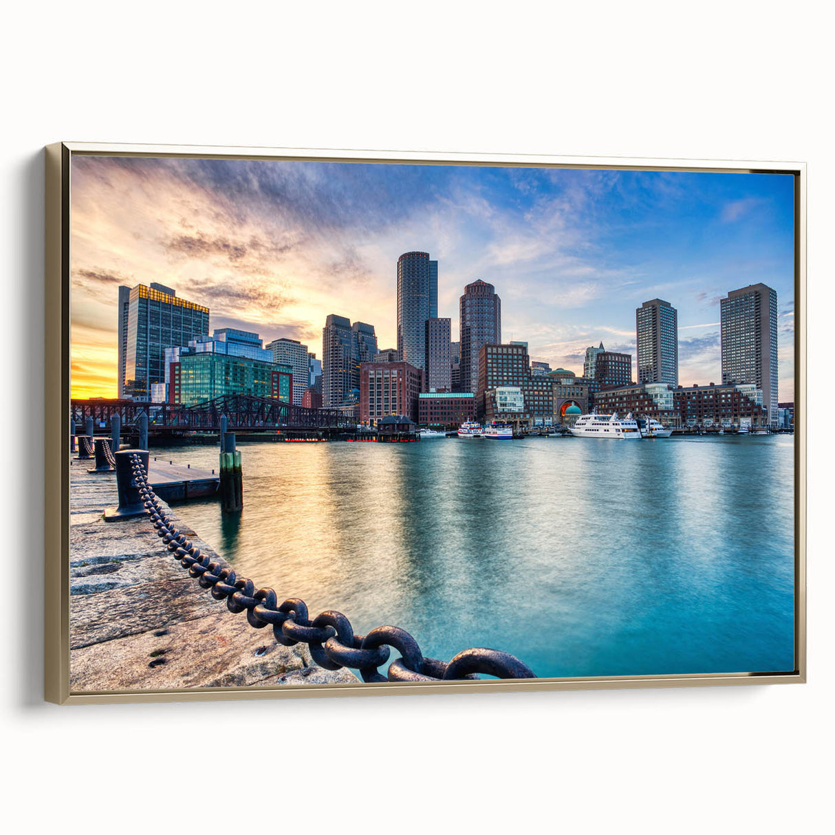 Framed canvas of vintage-style Boston landscape in black and gold tones, ideal for bedroom wall art.