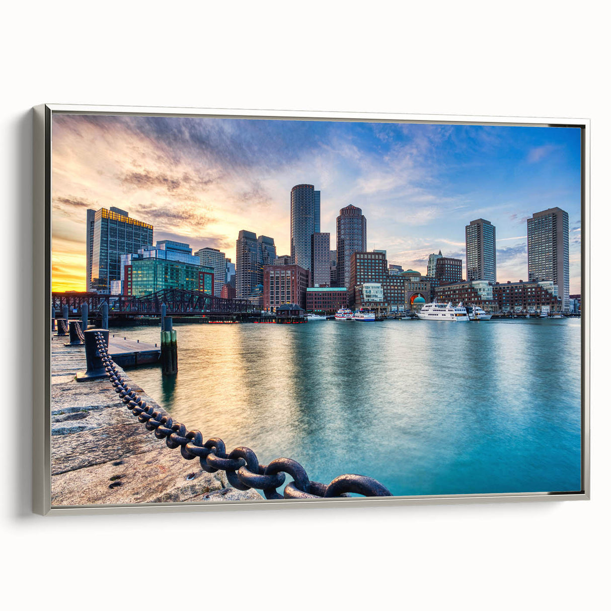 Framed canvas of a vintage Boston skyline in muted gray and black tones, ideal for office decor.