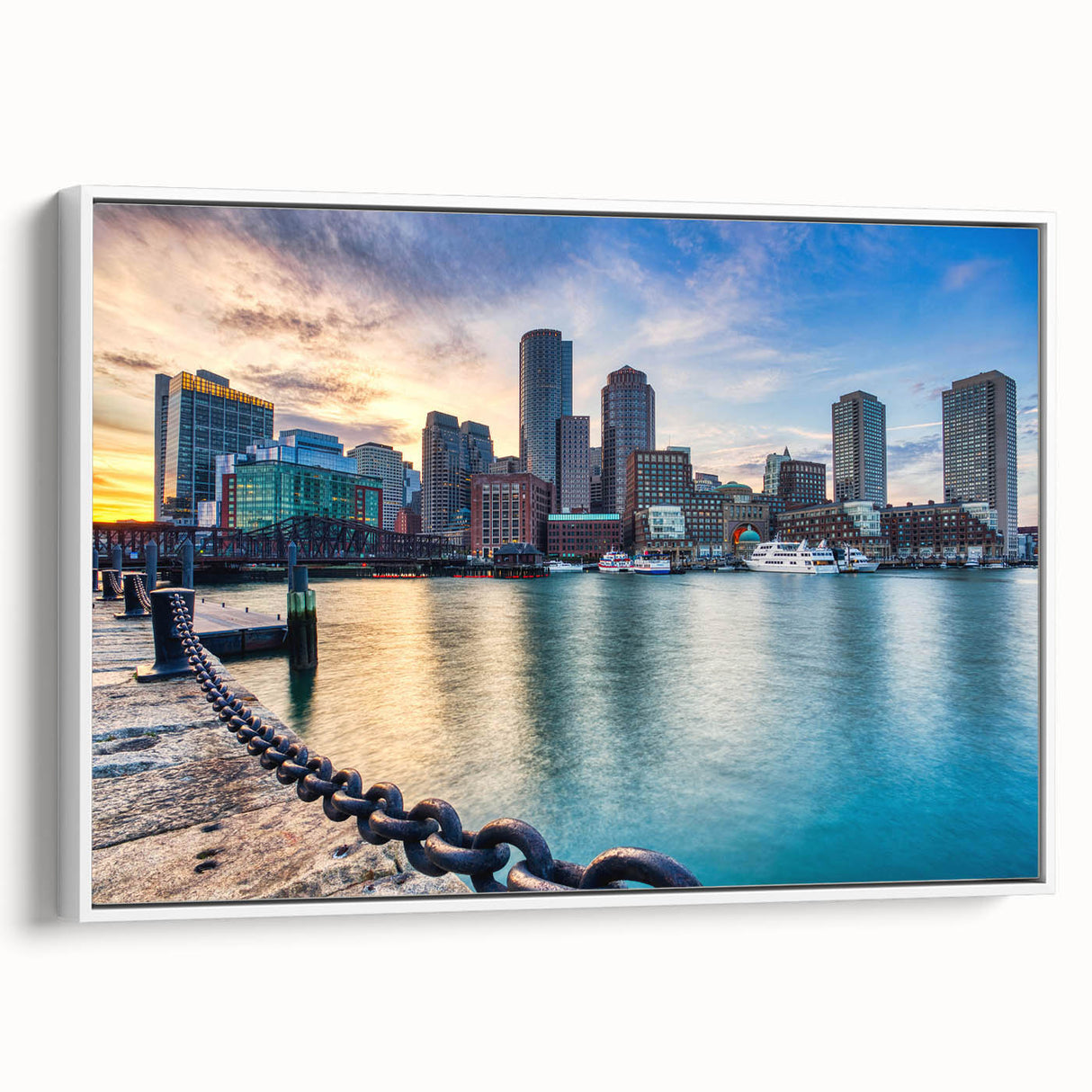 Vintage poster art of Boston skyline in vibrant colors on a large framed canvas, ideal for living room decor.