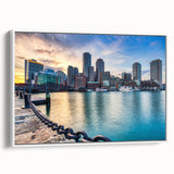 Vintage poster art of Boston skyline in vibrant colors on a large framed canvas, ideal for living room decor.