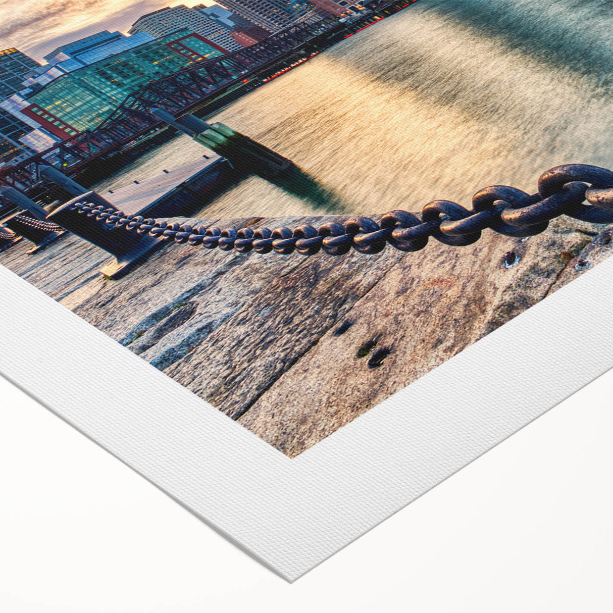 Art deco poster of Boston skyline in muted blue and gray tones on rolled canvas, suitable for dining room wall art.