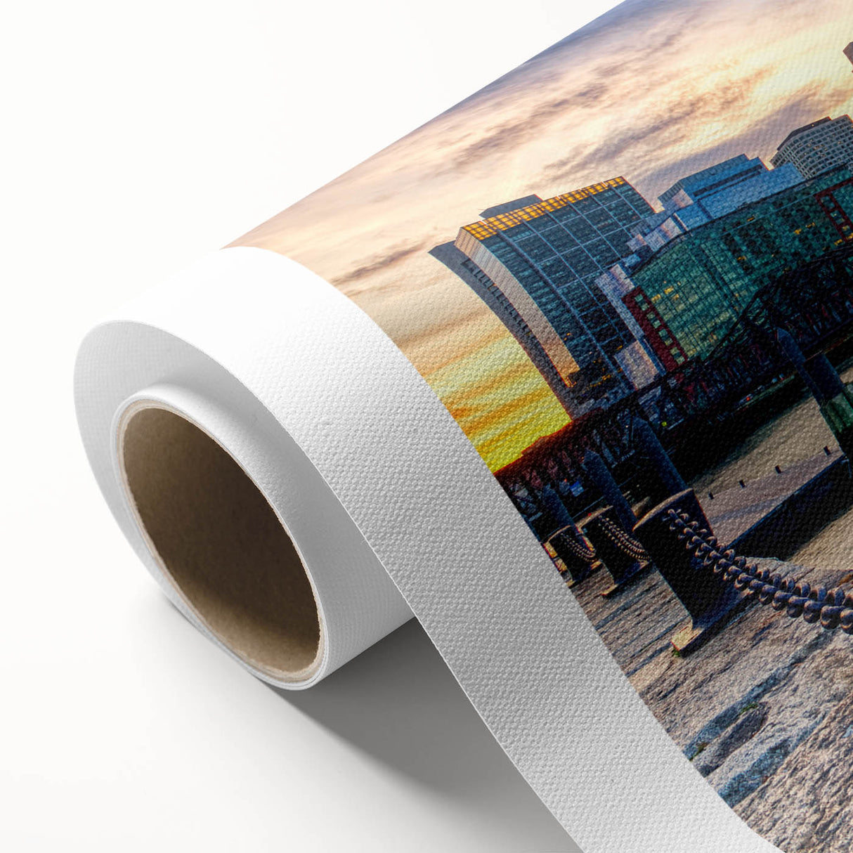 Art Deco poster of Boston skyline in muted blue and gray tones on rolled canvas, suitable as nursery wall art.