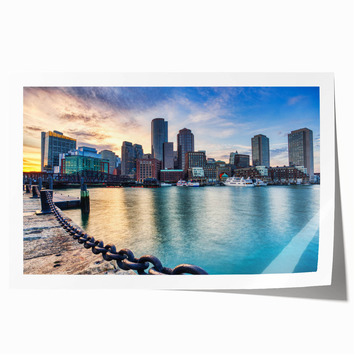 Rolled print of Boston skyline with muted blue and gray tones, suitable as art wall for dining room.