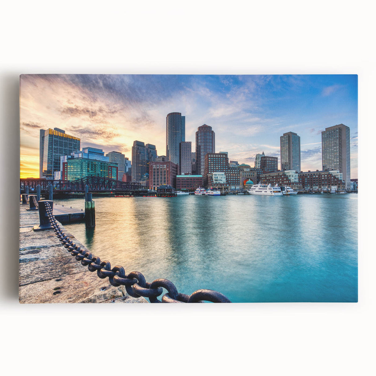 Black and white large art print of Boston skyline on stretched canvas, suitable for kitchen wall art.