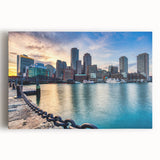 Black and white large art print of Boston skyline on stretched canvas, suitable for kitchen wall art.