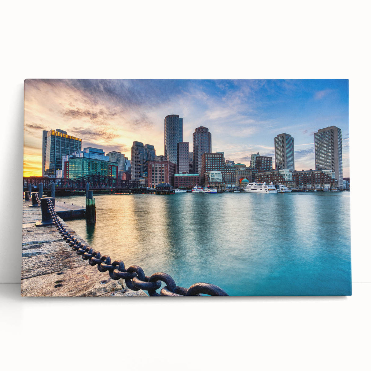 Black and white stretched canvas of Boston skyline, ideal for kitchen wall art or bedroom ambiance.