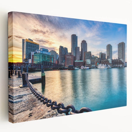 Side view of a stretched canvas featuring a detailed Boston skyline in muted blue and gray tones.