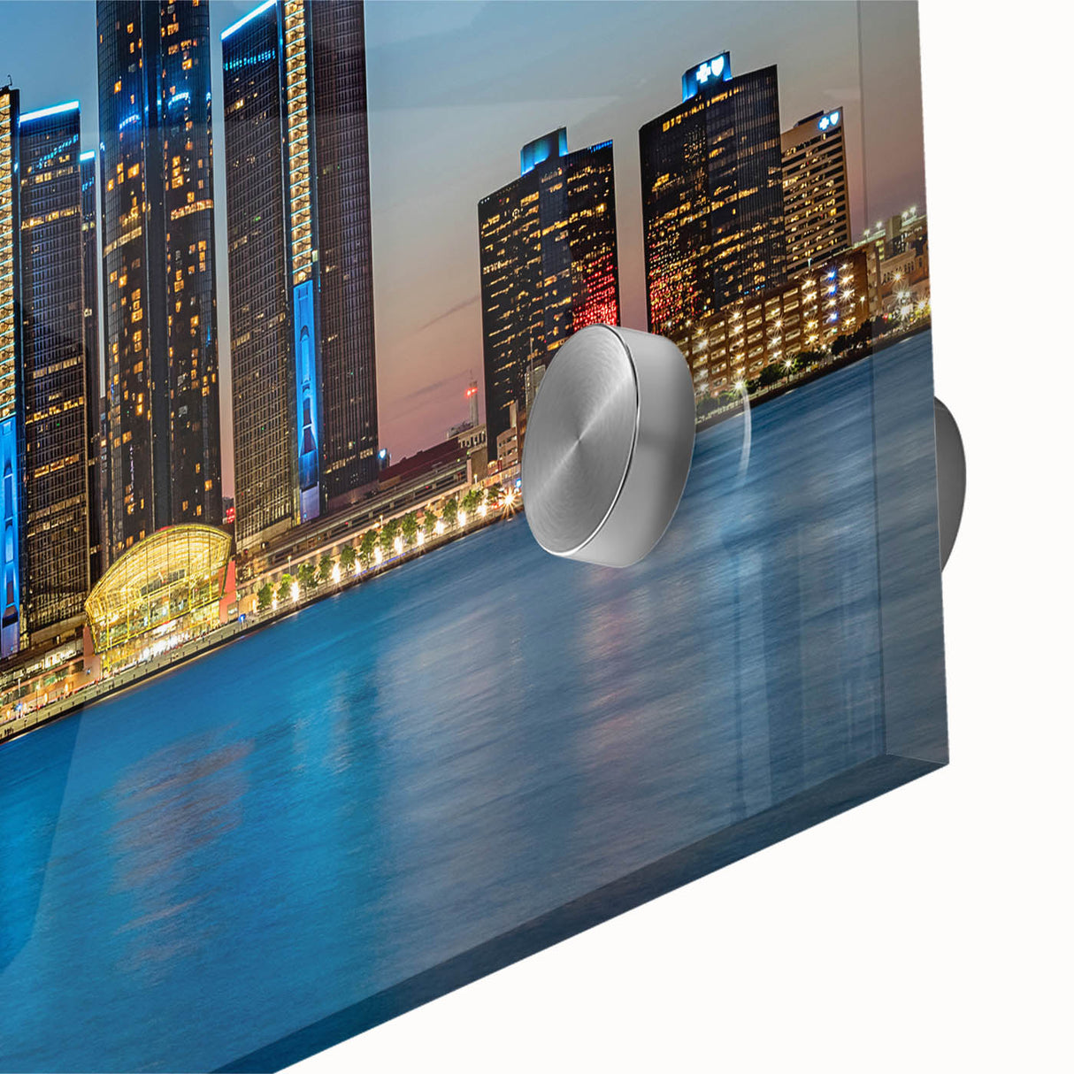 Large abstract wall art depicting Detroit skyline in muted gray tones on acrylic glass, suitable for dining room ambiance.