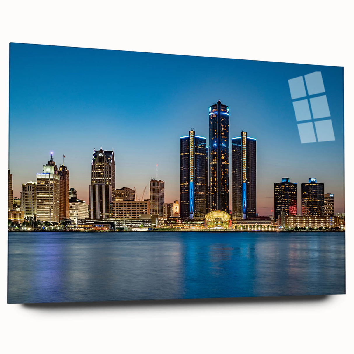 Abstract Detroit skyline in muted gray and blue on large acrylic glass, suited for bedroom or dining room art.