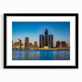 Extra large abstract art print of colorful, textured Detroit skyline on a framed black mat, ideal for living room decor.